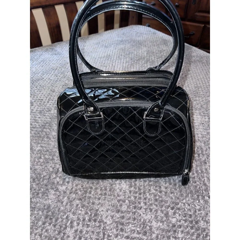 CABOODLES Black Patent Leather Carry On Makeup Bag Top Handles